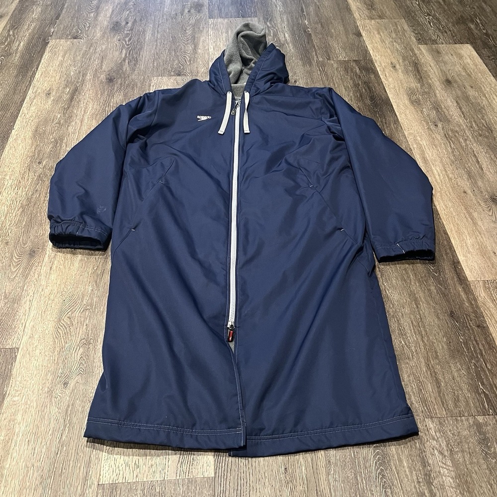 Speedo Swim Parka Adult Large Blue Hooded Fleece Lined Full Zip Deck Coat